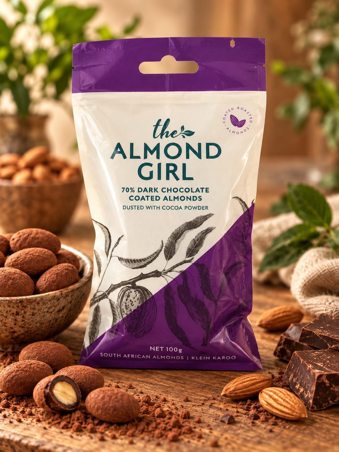 Almonds Coated in 70% Dark Chocolate & Dusted with Cocoa Powder - 100g