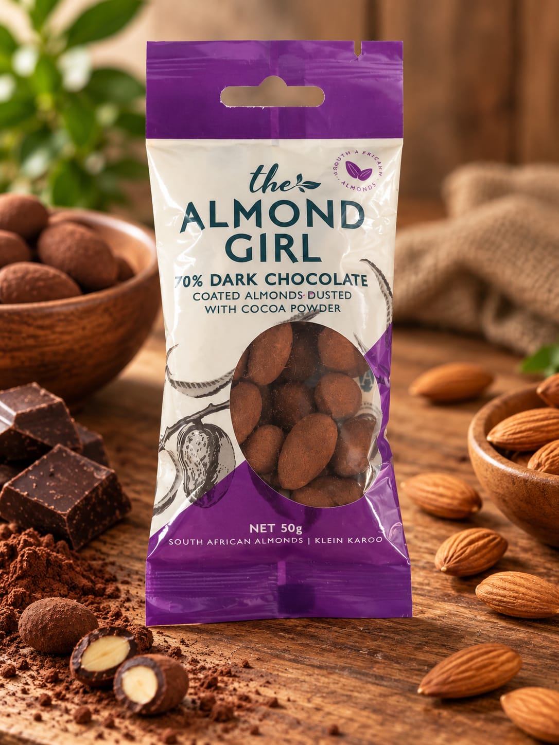 Almonds Coated in 70% Dark Chocolate & Dusted with Cocoa Powder - 50g