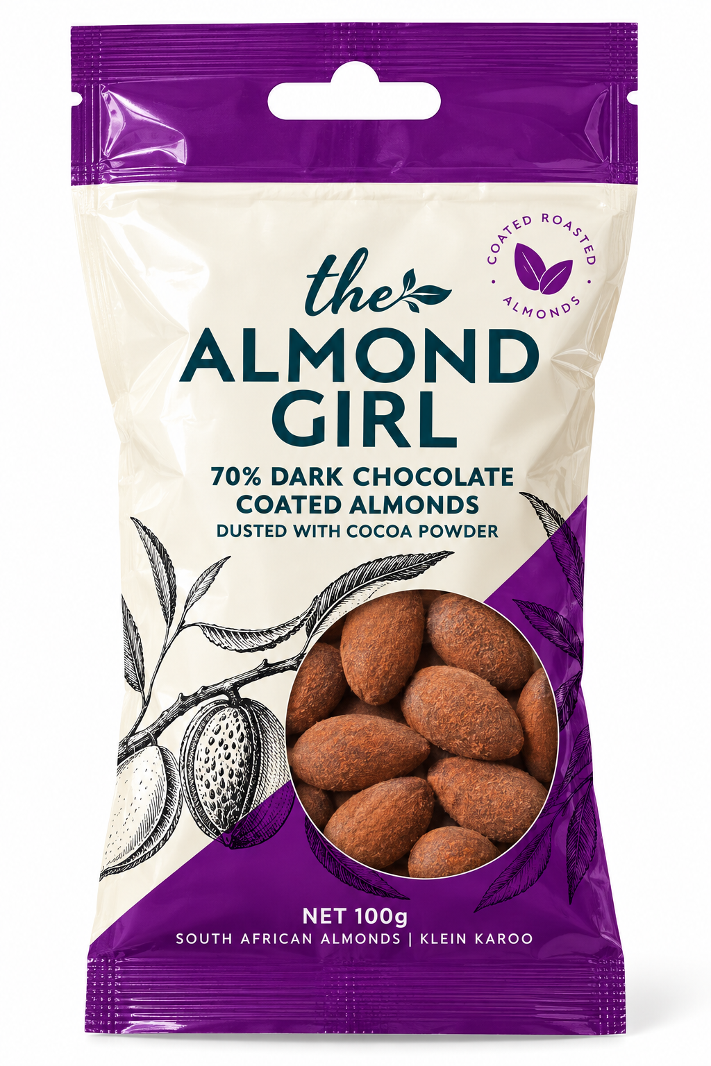 Almonds Coated in 70% Dark Chocolate & Dusted with Cocoa Powder - 100g