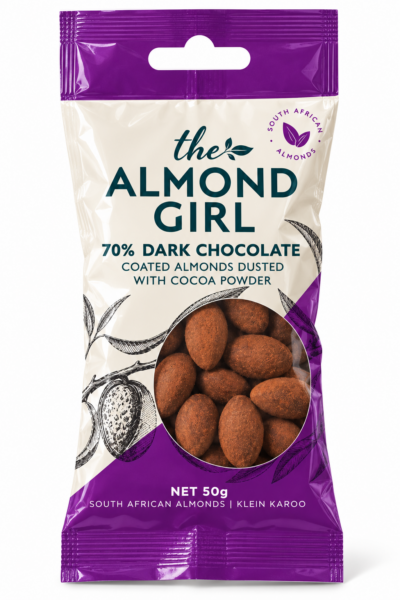 Almonds Coated in 70% Dark Chocolate & Dusted with Cocoa Powder - 50g